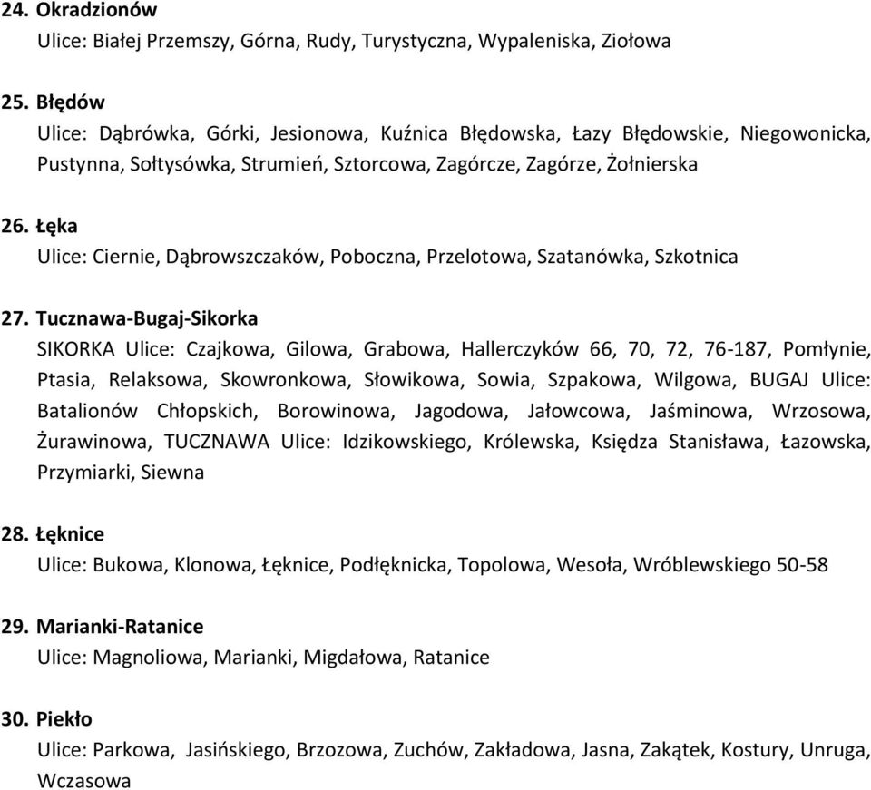 Łęka Ulice: Ciernie, Dąbrowszczaków, Poboczna, Przelotowa, Szatanówka, Szkotnica 27.