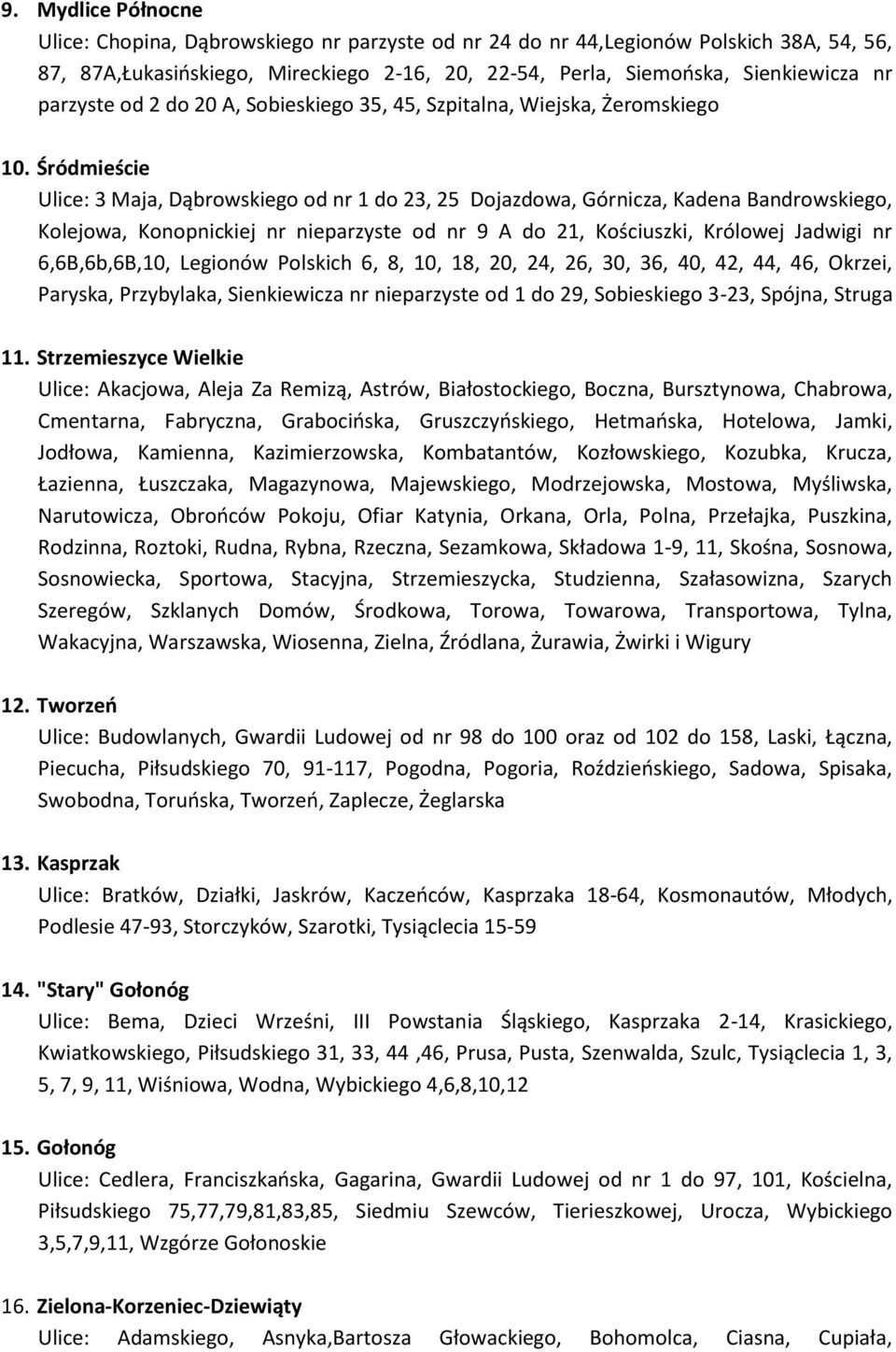 Śródmieście Ulice: 3 Maja, Dąbrowskiego od nr 1 do 23, 25 Dojazdowa, Górnicza, Kadena Bandrowskiego, Kolejowa, Konopnickiej nr nieparzyste od nr 9 A do 21, Kościuszki, Królowej Jadwigi nr