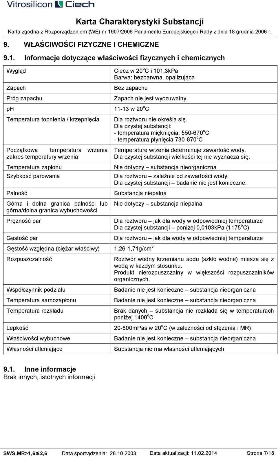 zapłonu Szybkość parowania Palność Górna i dolna granica palności lub górna/dolna granica wybuchowości Prężność par Gęstość par Ciecz w 20 o C i 101,3kPa Barwa: bezbarwna, opalizująca Bez zapachu