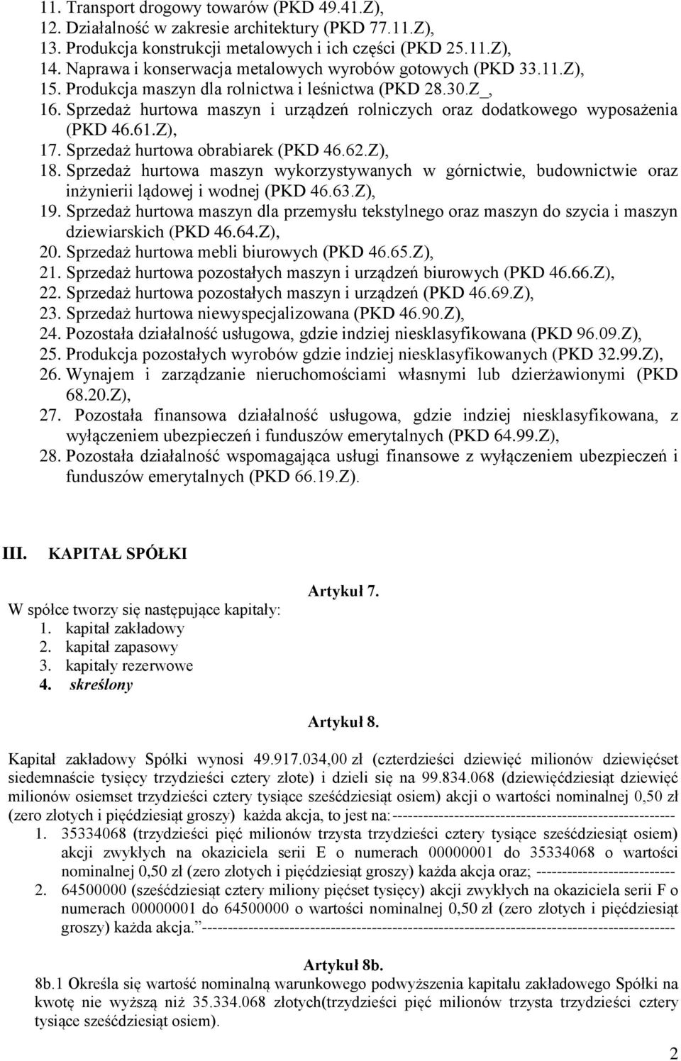 Sprzedaż hurtowa maszyn i urządzeń rolniczych oraz dodatkowego wyposażenia (PKD 46.61.Z), 17. Sprzedaż hurtowa obrabiarek (PKD 46.62.Z), 18.