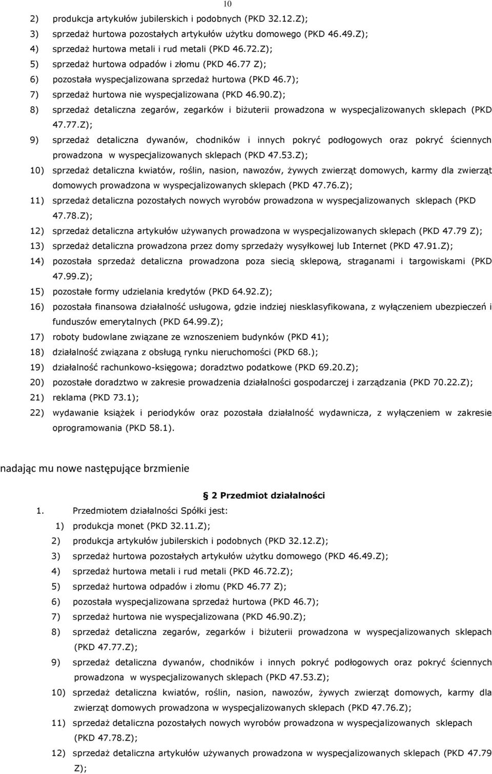 Z); 8) sprzedaż detaliczna zegarów, zegarków i biżuterii prowadzona w wyspecjalizowanych sklepach (PKD 47.77.