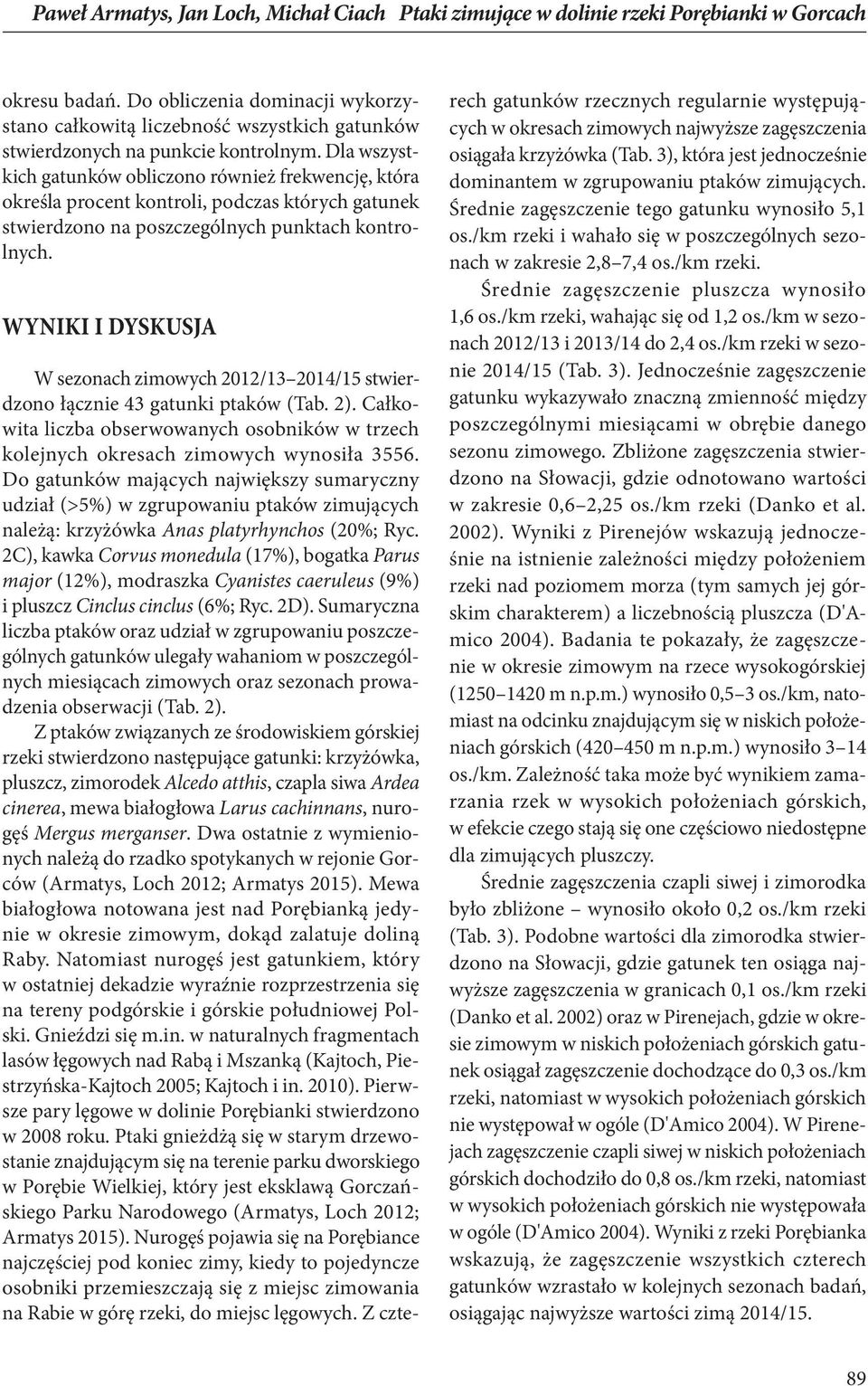 Dla wszystkich gatunków obliczono również frekwencję, która określa procent kontroli, podczas których gatunek stwierdzono na poszczególnych punktach kontrolnych.