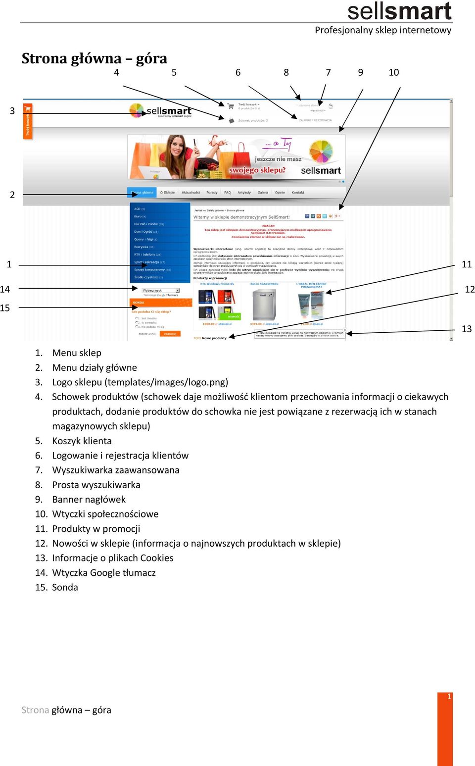 stanach magazynowych sklepu) 5. Koszyk klienta 6. Logowanie i rejestracja klientów 7. Wyszukiwarka zaawansowana 8. Prosta wyszukiwarka 9. Banner nagłówek 10.