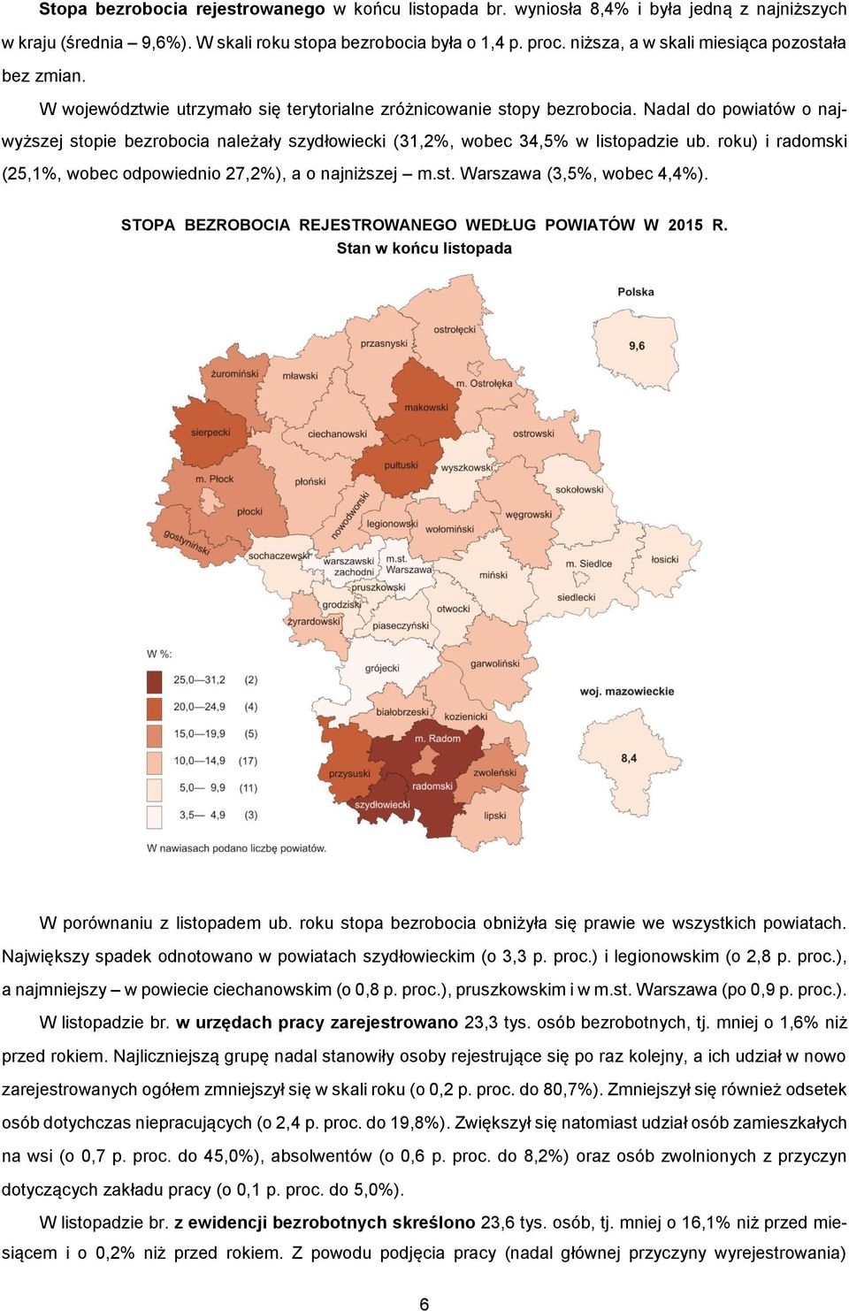 Nadal do powiatów o najwyższej stopie bezrobocia należały szydłowiecki (31,2%, wobec 34,5% w listopadzie ub. roku) i radomski (25,1%, wobec odpowiednio 27,2%), a o najniższej m.st. Warszawa (3,5%, wobec 4,4%).