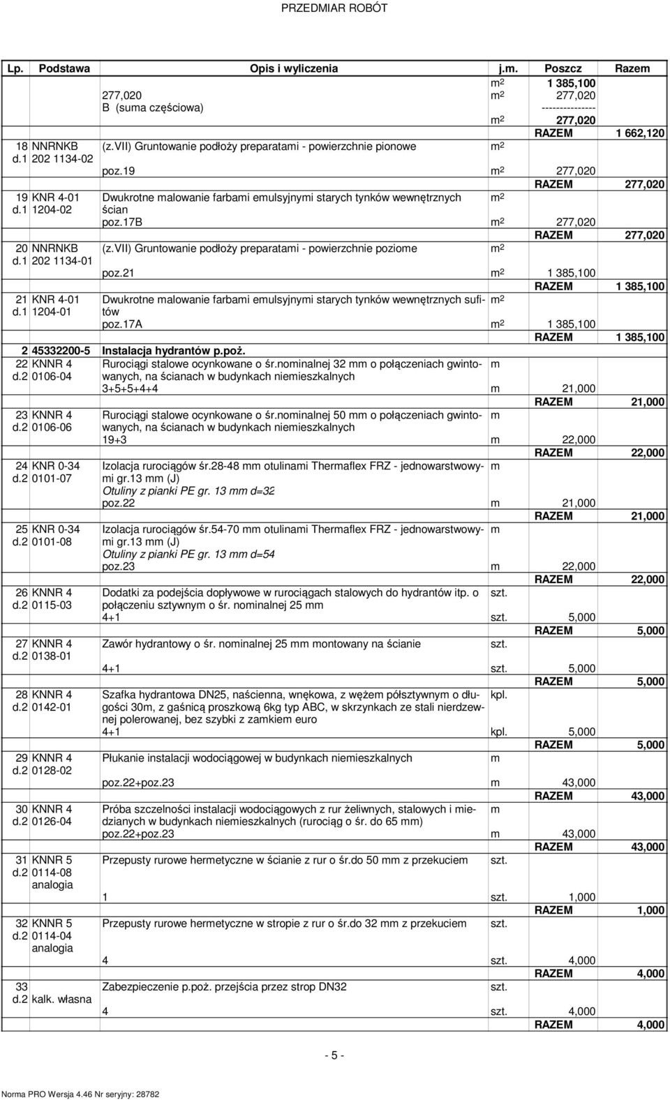 1 202 1134-01 RAZEM 277,020 Dwukrotne alowanie farbai eulsyjnyi starych tynków wewnętrznych ścian poz.17b 277,020 RAZEM 277,020 (z.vii) Gruntowanie podłoży preparatai - powierzchnie pozioe poz.