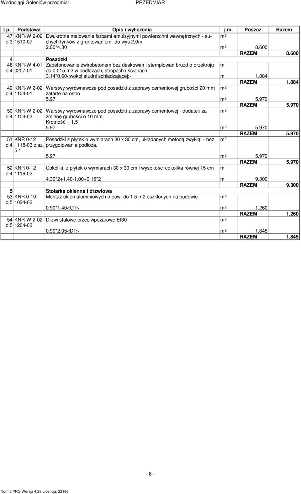 60<wokoł studni schladzającej>.884 RAZEM.884 49 KNR-W -0 Warstwy wyrównawcze pod posadzki z zaprawy ceentowej grubości 0 d.4 04-0 zatarte na ostro 5.97 5.