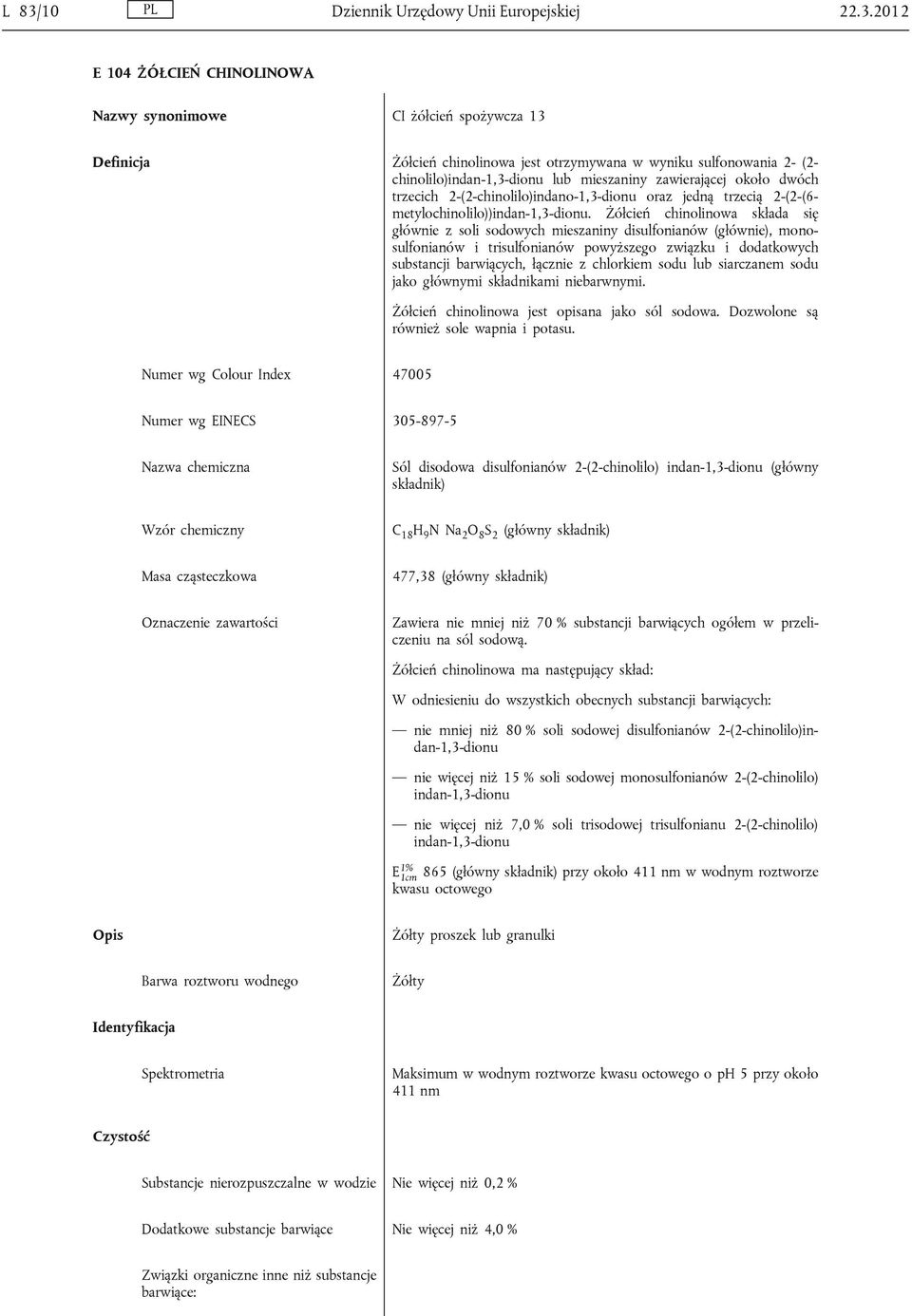 Żółcień chinolinowa składa się głównie z soli sodowych mieszaniny disulfonianów (głównie), monosulfonianów i trisulfonianów powyższego związku i dodatkowych substancji barwiących, łącznie z chlorkiem