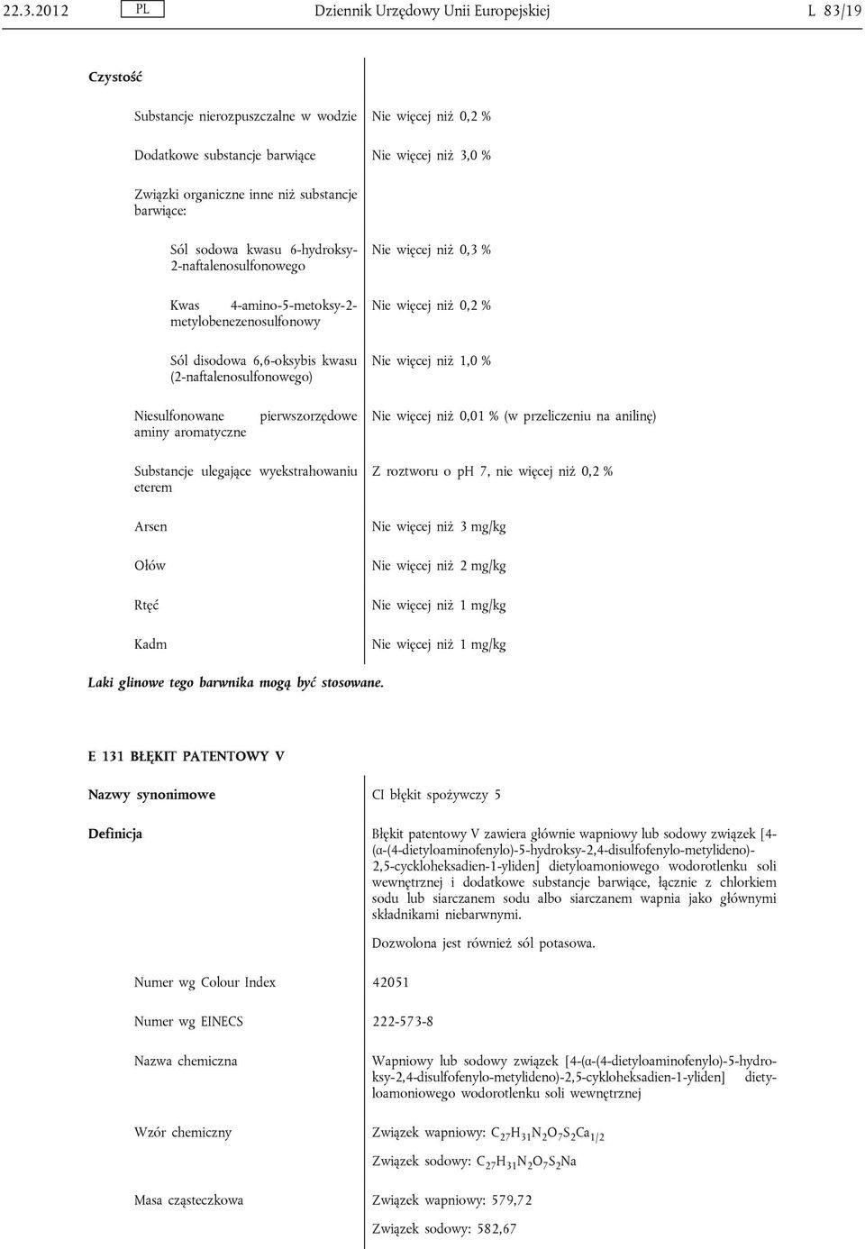 Nie więcej niż 0,2 % Nie więcej niż 1,0 % Niesulfonowane aminy aromatyczne pierwszorzędowe Nie więcej niż 0,01 % (w przeliczeniu na anilinę) Substancje ulegające wyekstrahowaniu eterem Kadm Z