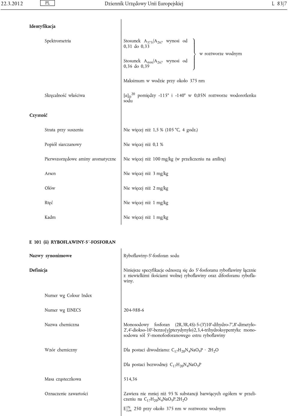 ) Popiół siarczanowy Nie więcej niż 0,1 % Pierwszorzędowe aminy aromatyczne Nie więcej niż 100 mg/kg (w przeliczeniu na anilinę) Kadm E 101 (ii) RYBOFLAWINY-5 -FOSFORAN Ryboflawiny-5 -fosforan sodu