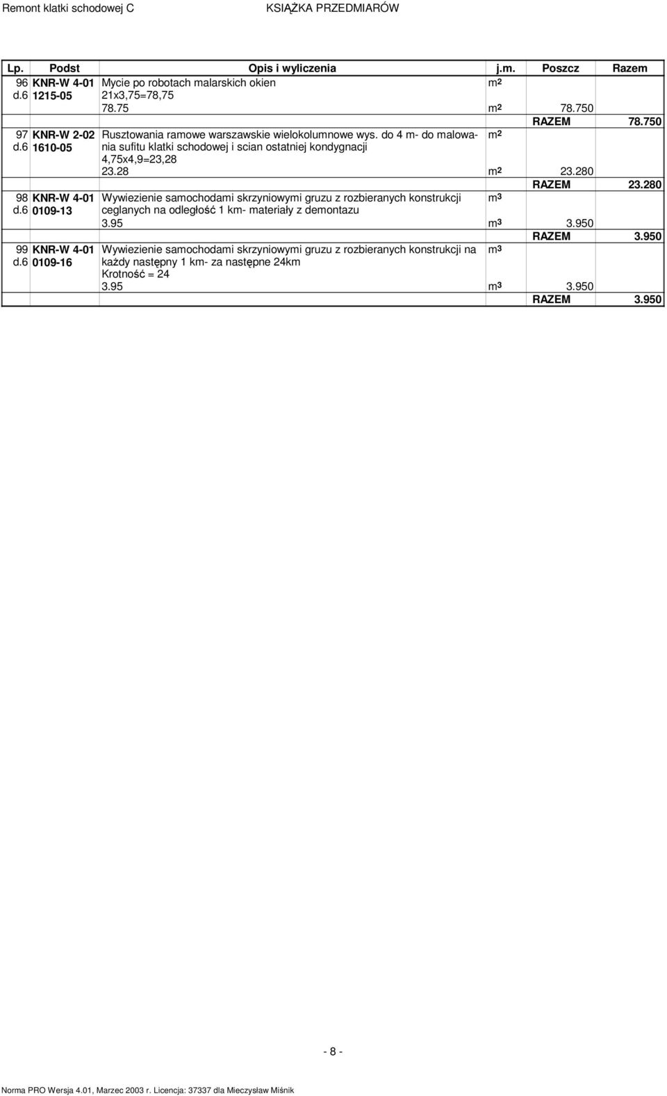 6 1610-05 sufitu klatki schodowej i scian ostatniej kondygnacji 4,75x4,9=23,28 23.28 23.280 98 KNR-W 4-01 d.6 0109-13 99 KNR-W 4-01 d.6 0109-16 23.