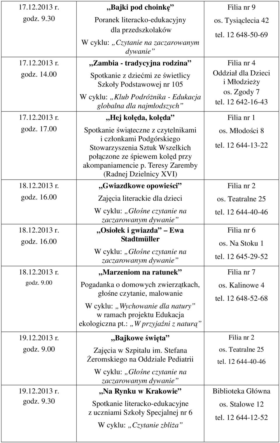 cyklu: Klub Podróżnika - Edukacja globalna dla najmłodszych Hej kolęda, kolęda Spotkanie świąteczne z czytelnikami i członkami Podgórskiego Stowarzyszenia Sztuk Wszelkich połączone ze śpiewem kolęd