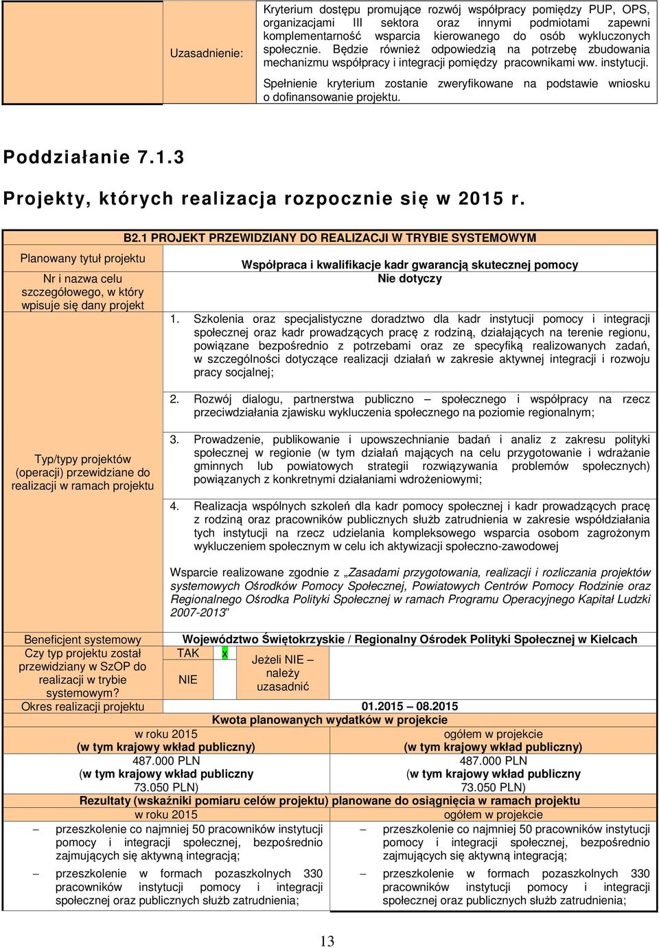 Spełnienie kryterium zostanie zweryfikowane na podstawie wniosku o dofinansowanie Poddziałanie 7.1.3 Projekty, których realizacja rozpocznie się w 2015 r.