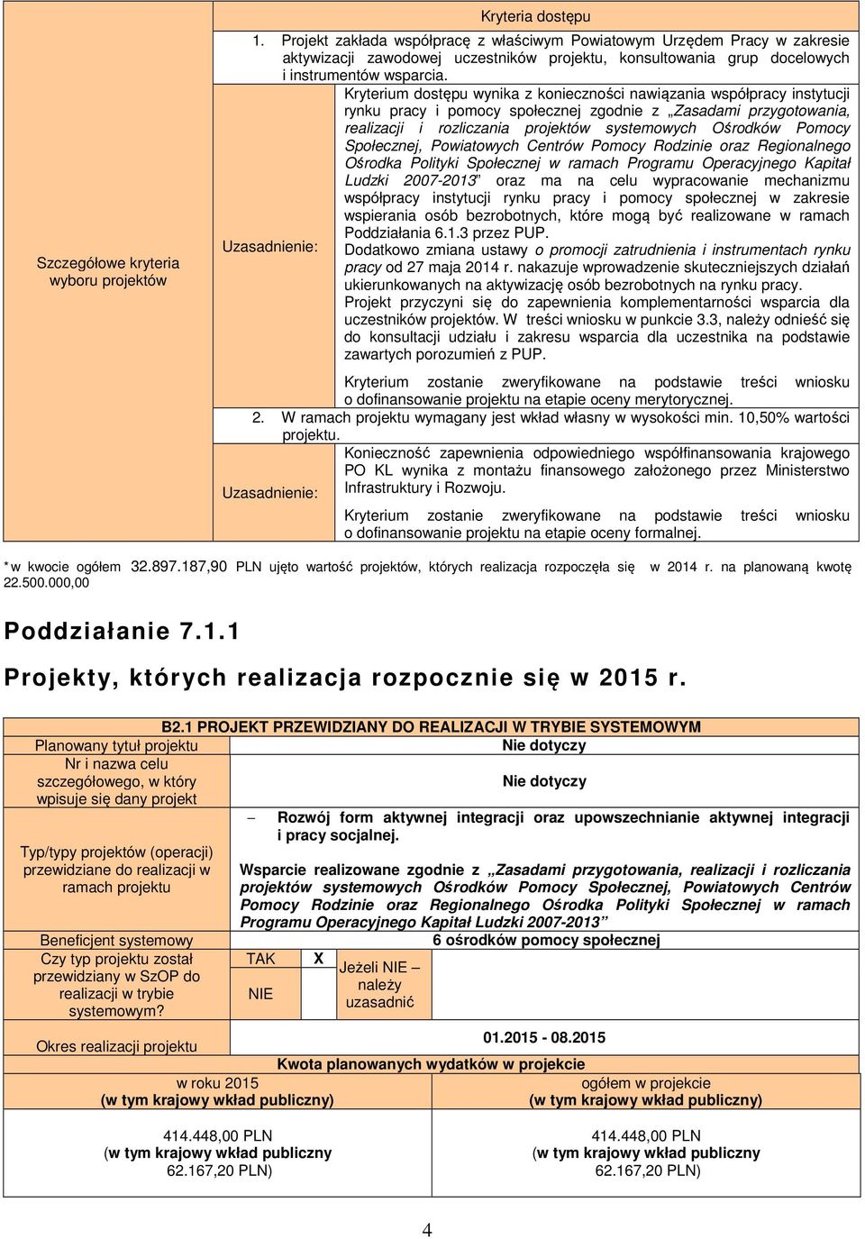 Kryterium dostępu wynika z konieczności nawiązania współpracy instytucji rynku pracy i pomocy społecznej zgodnie z Zasadami przygotowania, realizacji i rozliczania projektów systemowych Ośrodków