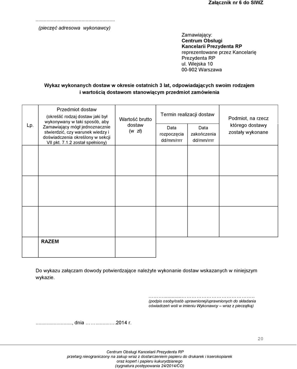 Przedmiot dostaw (określić rodzaj dostaw jaki był wykonywany w taki sposób, aby Zamawiający mógł jednoznacznie stwierdzić, czy warunek wiedzy i doświadczenia określony w sekcji VII pkt. 7.1.