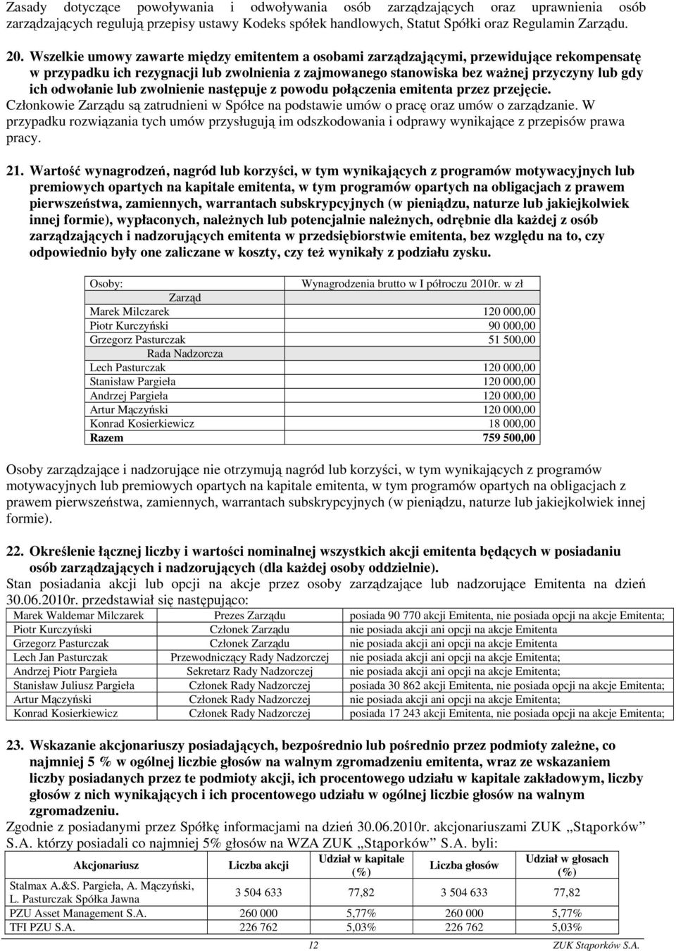 odwołanie lub zwolnienie następuje z powodu połączenia emitenta przez przejęcie. Członkowie Zarządu są zatrudnieni w Spółce na podstawie umów o pracę oraz umów o zarządzanie.