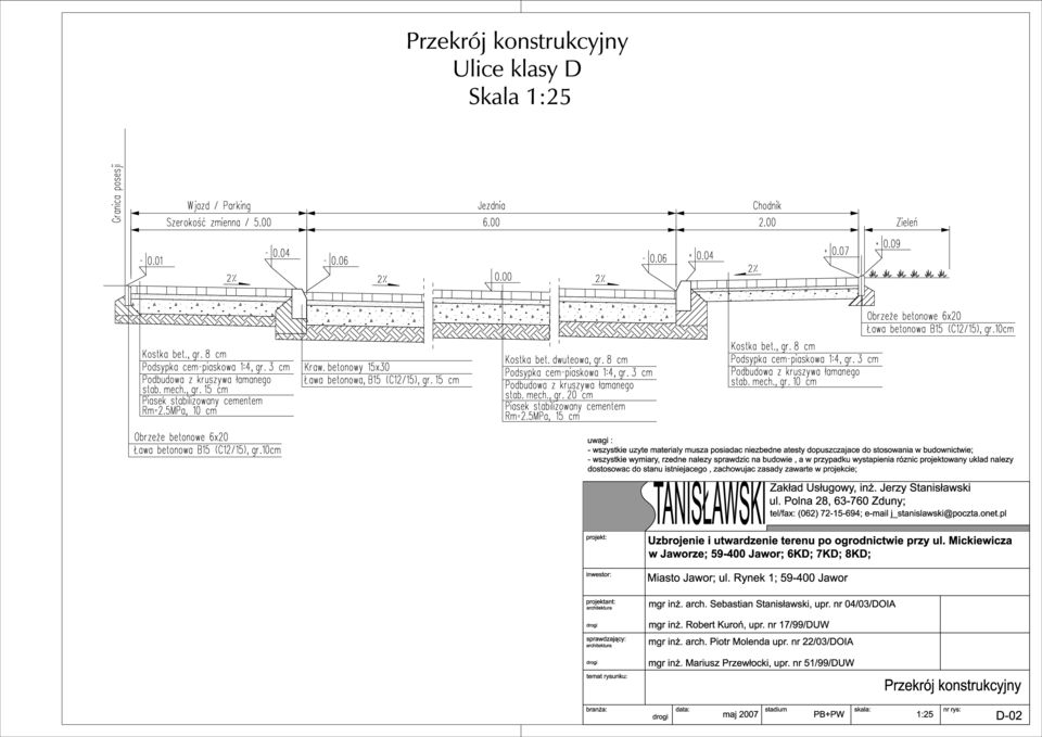 5MPa, 10 cm Kraw. betonowy 15x30 awa betonowa, B15 (C12/15), gr. 15 cm Kostka bet. dwuteowa, gr. 8 cm Podsypka cem-piaskowa 1:4, gr. 3 cm Podbudowa z kruszywa amanego stab. mech., gr. 20 cm Piasek stabilizowany cementem Rm=2.