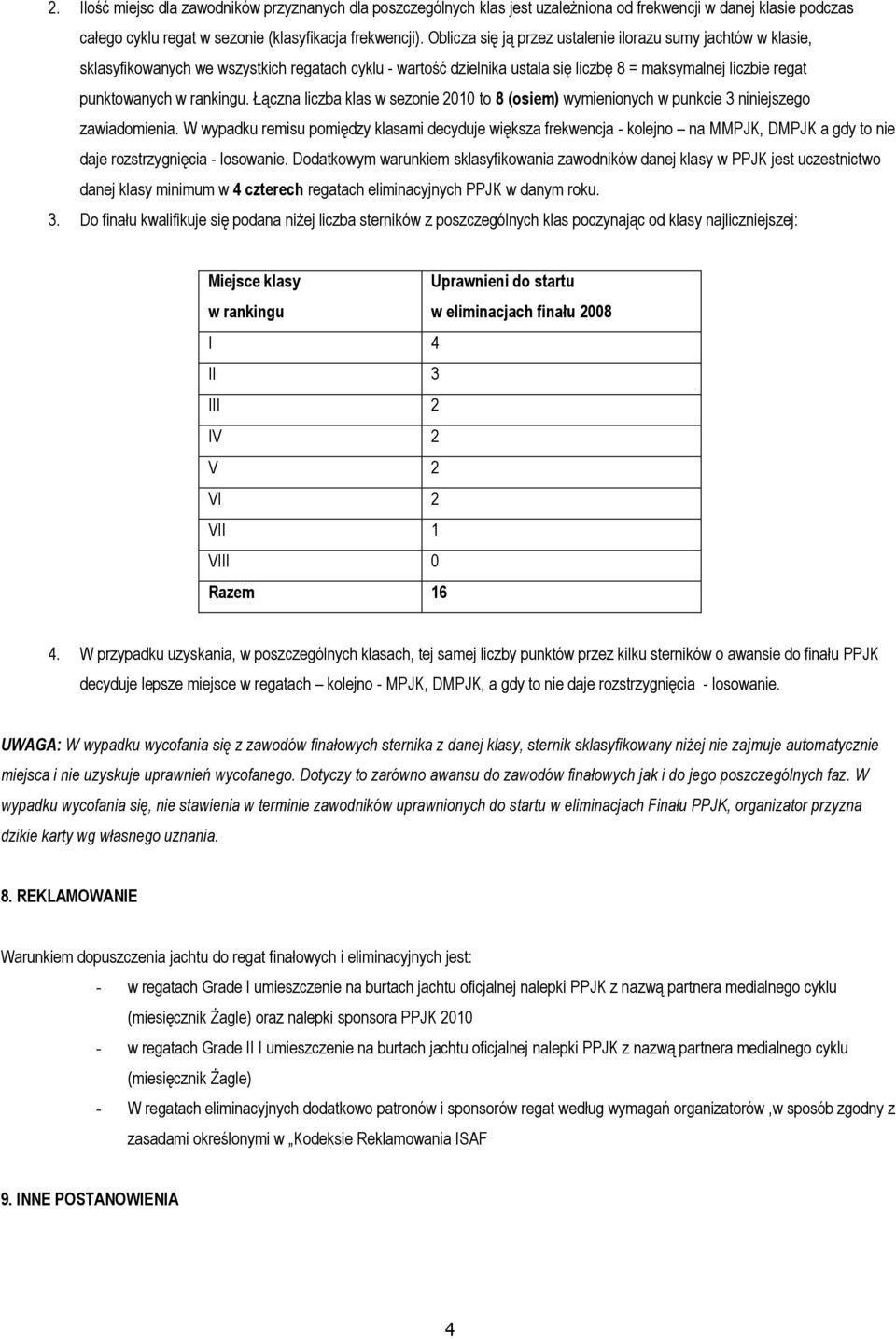 Łączna liczba klas w sezonie 2010 to 8 (osiem) wymienionych w punkcie 3 niniejszego zawiadomienia.