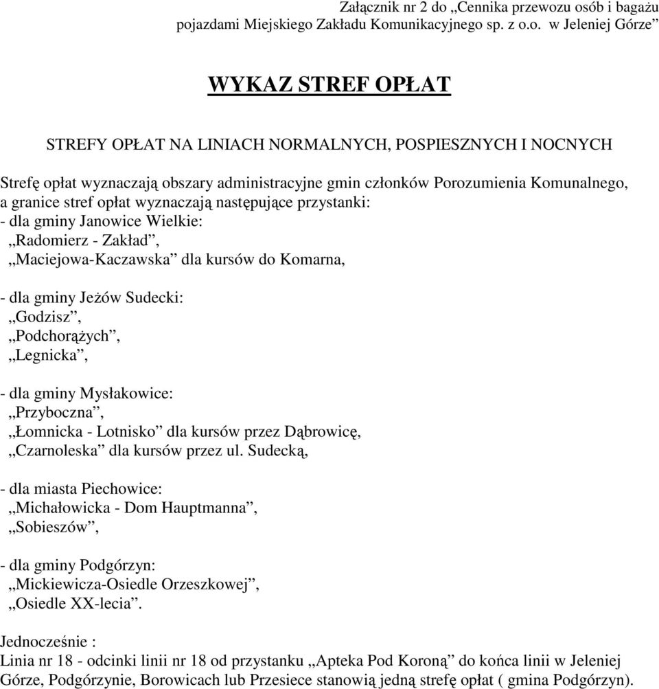 u osób i bagażu pojazdami Miejskiego Zakładu Komunikacyjnego sp. z o.o. w Jeleniej Górze WYKAZ STREF OPŁAT STREFY OPŁAT NA LINIACH CH, POSPIESZNYCH I NOCNYCH Strefę opłat wyznaczają obszary