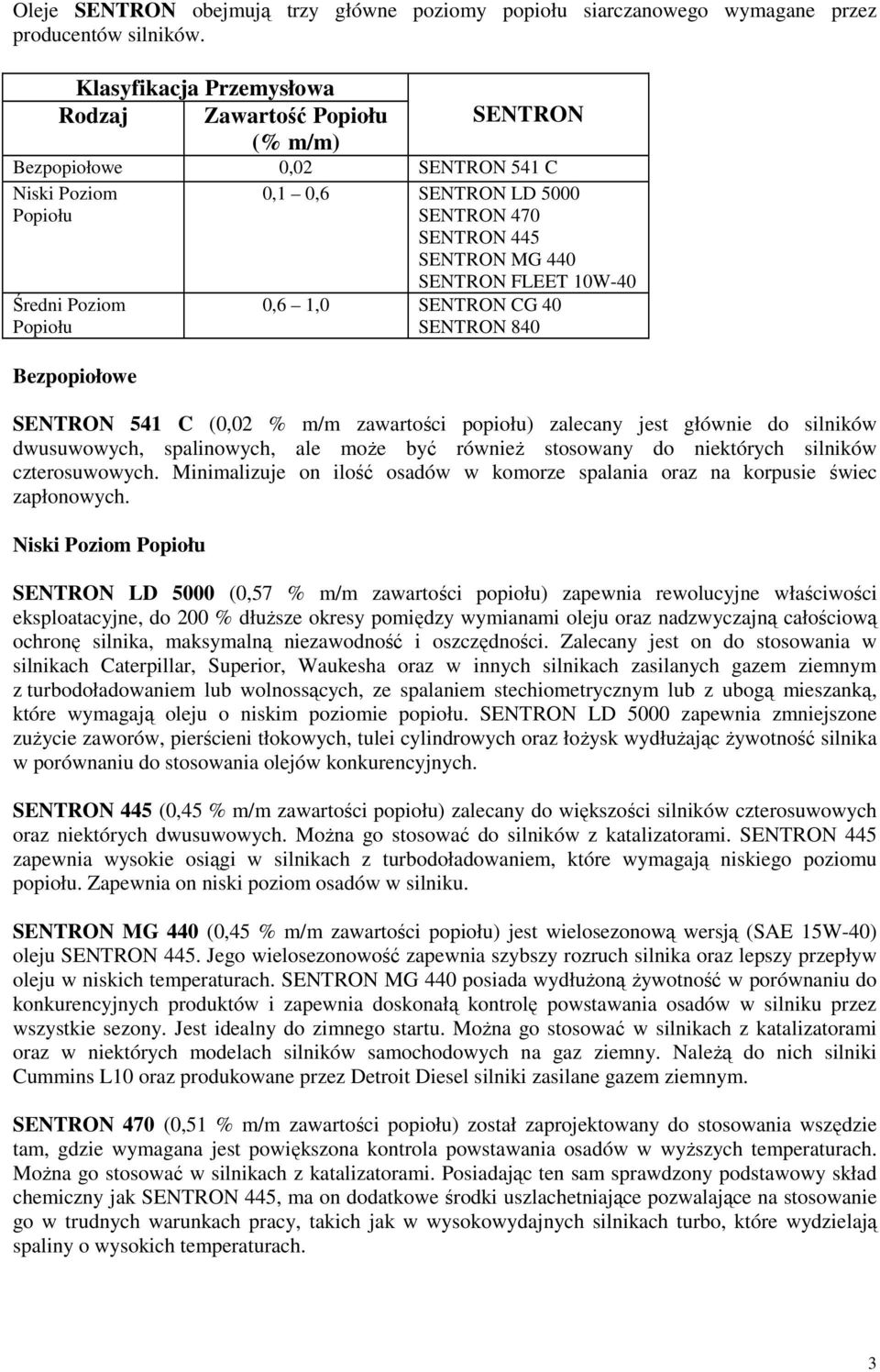 SENTRON MG 440 SENTRON FLEET 10W-40 0,6 1,0 SENTRON CG 40 SENTRON SENTRON 541 C (0,02 % m/m zawartości popiołu) zalecany jest głównie do silników dwusuwowych, spalinowych, ale moŝe być równieŝ