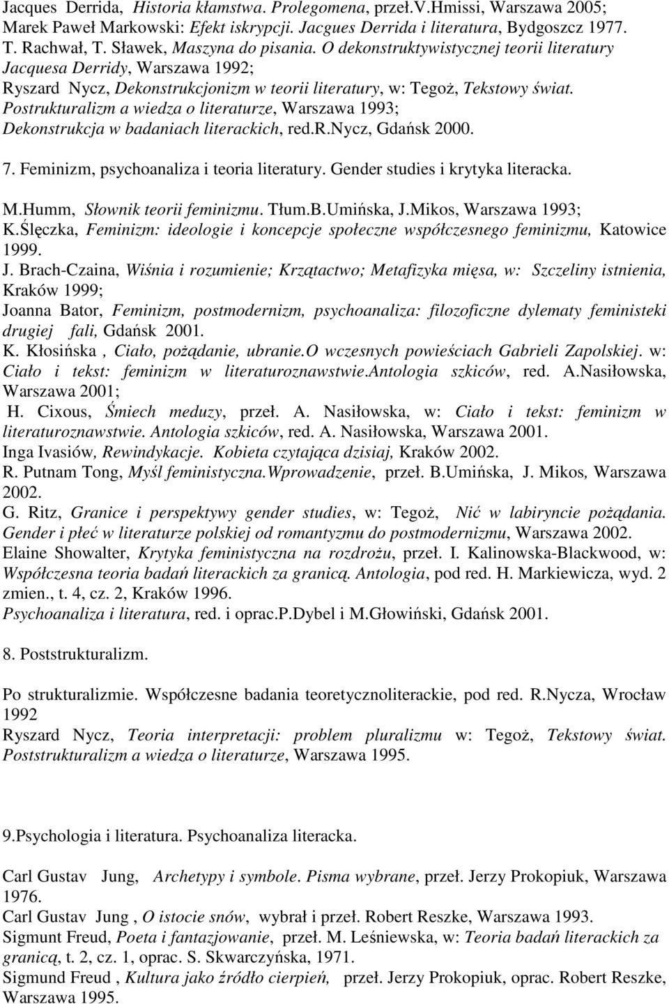 Postrukturalizm a wiedza o literaturze, Warszawa 1993; Dekonstrukcja w badaniach literackich, red.r.nycz, Gdańsk 2000. 7. Feminizm, psychoanaliza i teoria literatury.