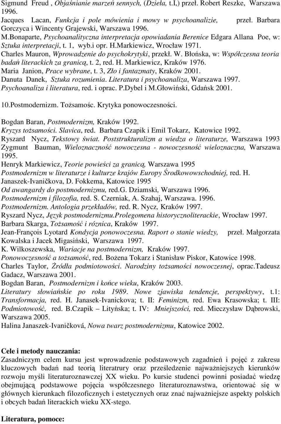 Markiewicz, Wrocław 1971. Charles Mauron, Wprowadzenie do psychokrytyki, przekł. W. Błońska, w: Współczesna teoria badań literackich za granicą, t. 2, red. H. Markiewicz, Kraków 1976.