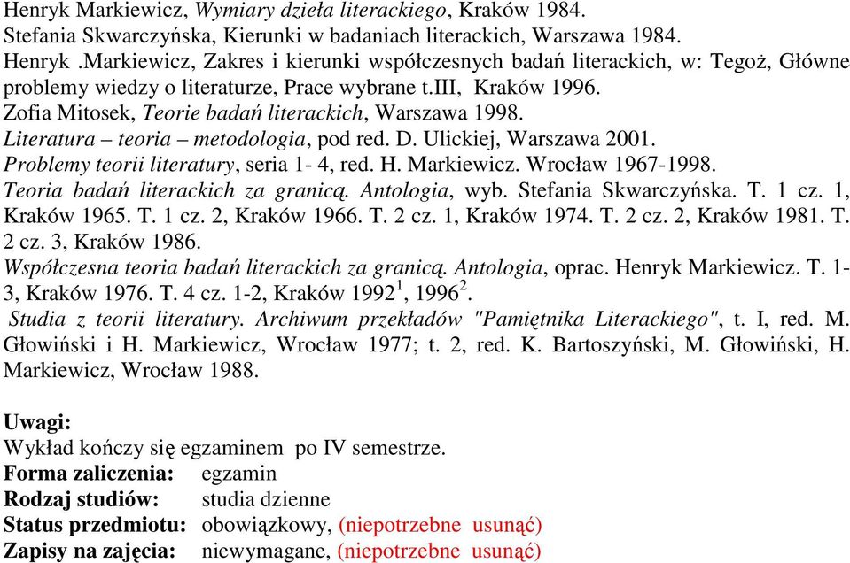 Literatura teoria metodologia, pod red. D. Ulickiej, Warszawa 2001. Problemy teorii literatury, seria 1-4, red. H. Markiewicz. Wrocław 1967-1998. Teoria badań literackich za granicą. Antologia, wyb.