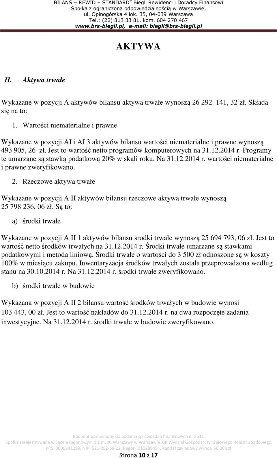 Programy te umarzane są stawką podatkową 20% w skali roku. Na 31.12.2014 r. wartości niematerialne i prawne zweryfikowano. 2. Rzeczowe aktywa trwałe Wykazane w pozycji A II aktywów bilansu rzeczowe aktywa trwałe wynoszą 25 798 236, 06 zł.