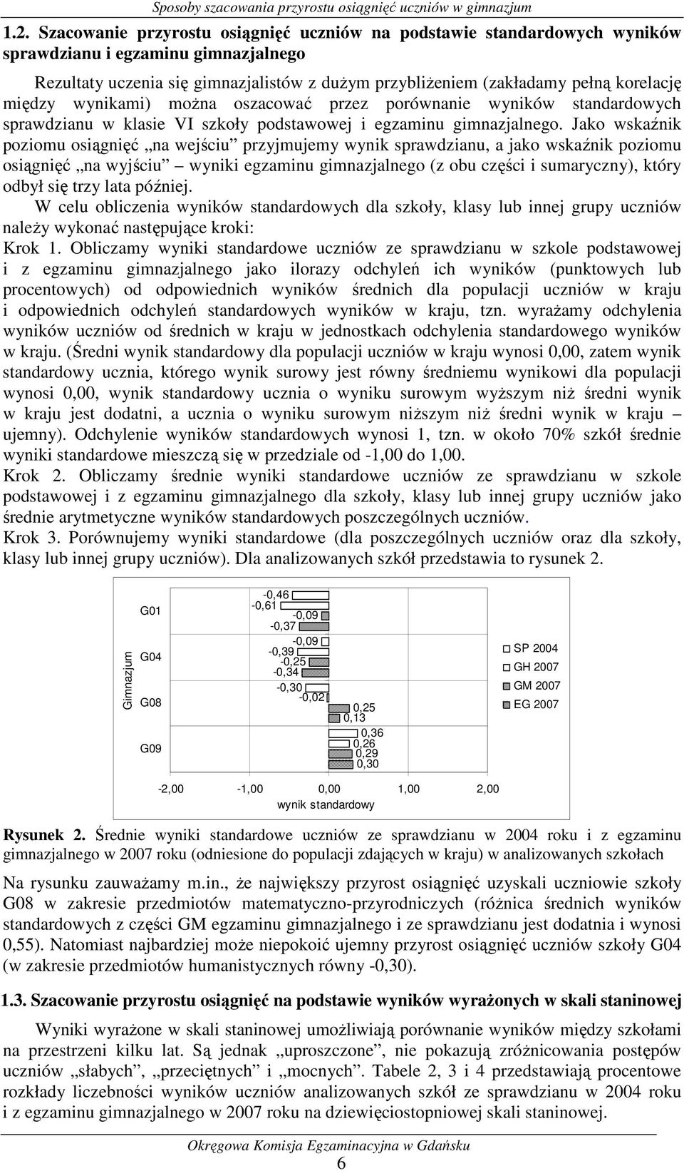 Jako wskaźnik poziomu osiągnięć na wejściu przyjmujemy wynik sprawdzianu, a jako wskaźnik poziomu osiągnięć na wyjściu wyniki egzaminu gimnazjalnego (z obu części i sumaryczny), który odbył się trzy