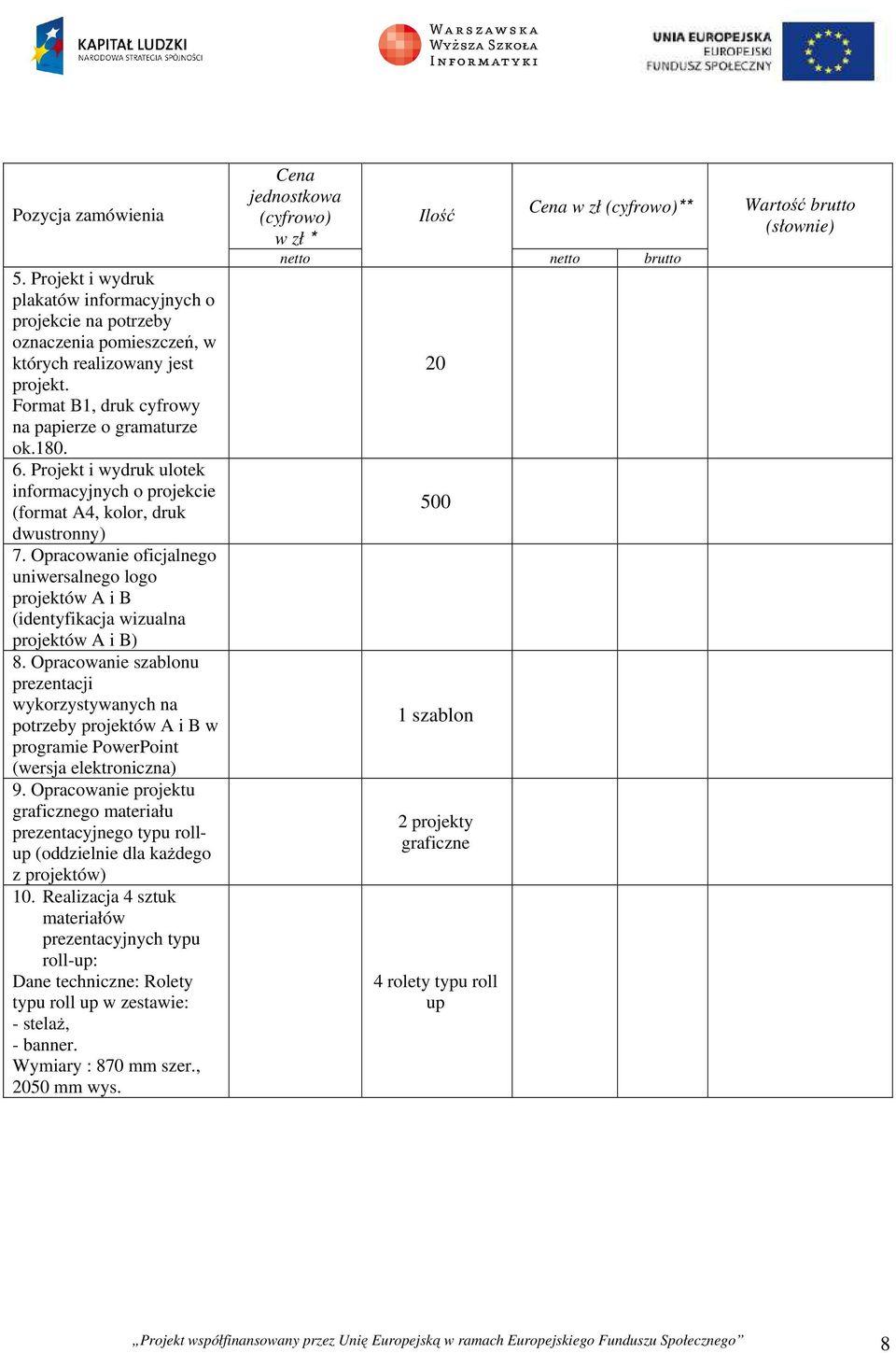 Opracowanie szablonu prezentacji wykorzystywanych na potrzeby projektów A i B w programie PowerPoint (wersja elektroniczna) 9.