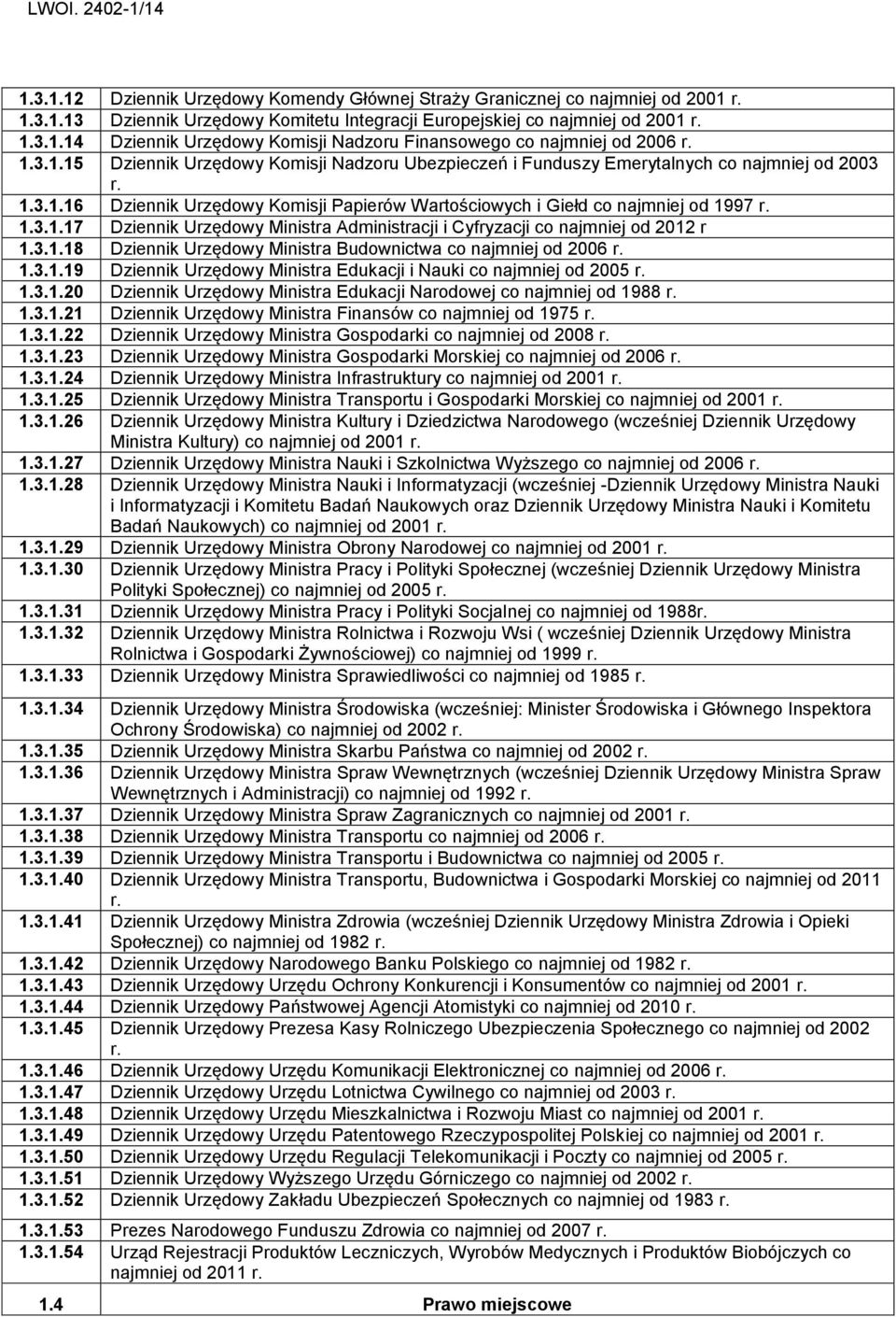 3.1.18 Dziennik Urzędowy Ministra Budownictwa co najmniej od 2006 r. 1.3.1.19 Dziennik Urzędowy Ministra Edukacji i Nauki co najmniej od 2005 r. 1.3.1.20 Dziennik Urzędowy Ministra Edukacji Narodowej co najmniej od 1988 r.