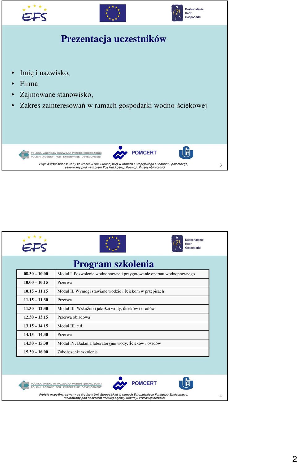 Pozwolenie wodnoprawne i przygotowanie operatu wodnoprawnego Przerwa Moduł II. Wymogi stawiane wodzie i ściekom w przepisach Przerwa Moduł III.