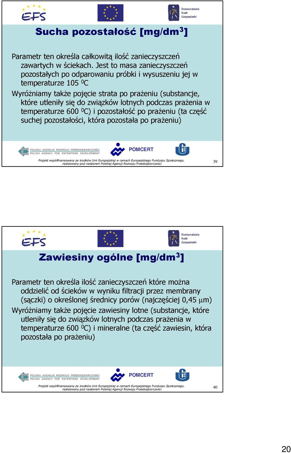 podczas praŝenia w temperaturze 600 0 C) i pozostałość po praŝeniu (ta część suchej pozostałości, która pozostała po praŝeniu) 39 Zawiesiny ogólne [mg/dm 3 ] Parametr ten określa ilość zanieczyszczeń