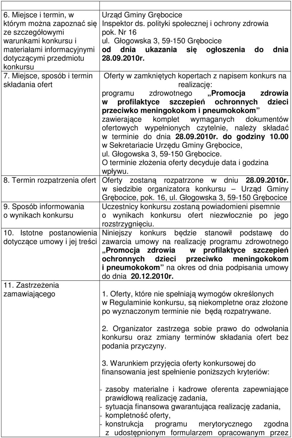 Głogowska 3, 59-150 Grębocice od dnia ukazania się ogłoszenia do dnia 28.09.2010r.