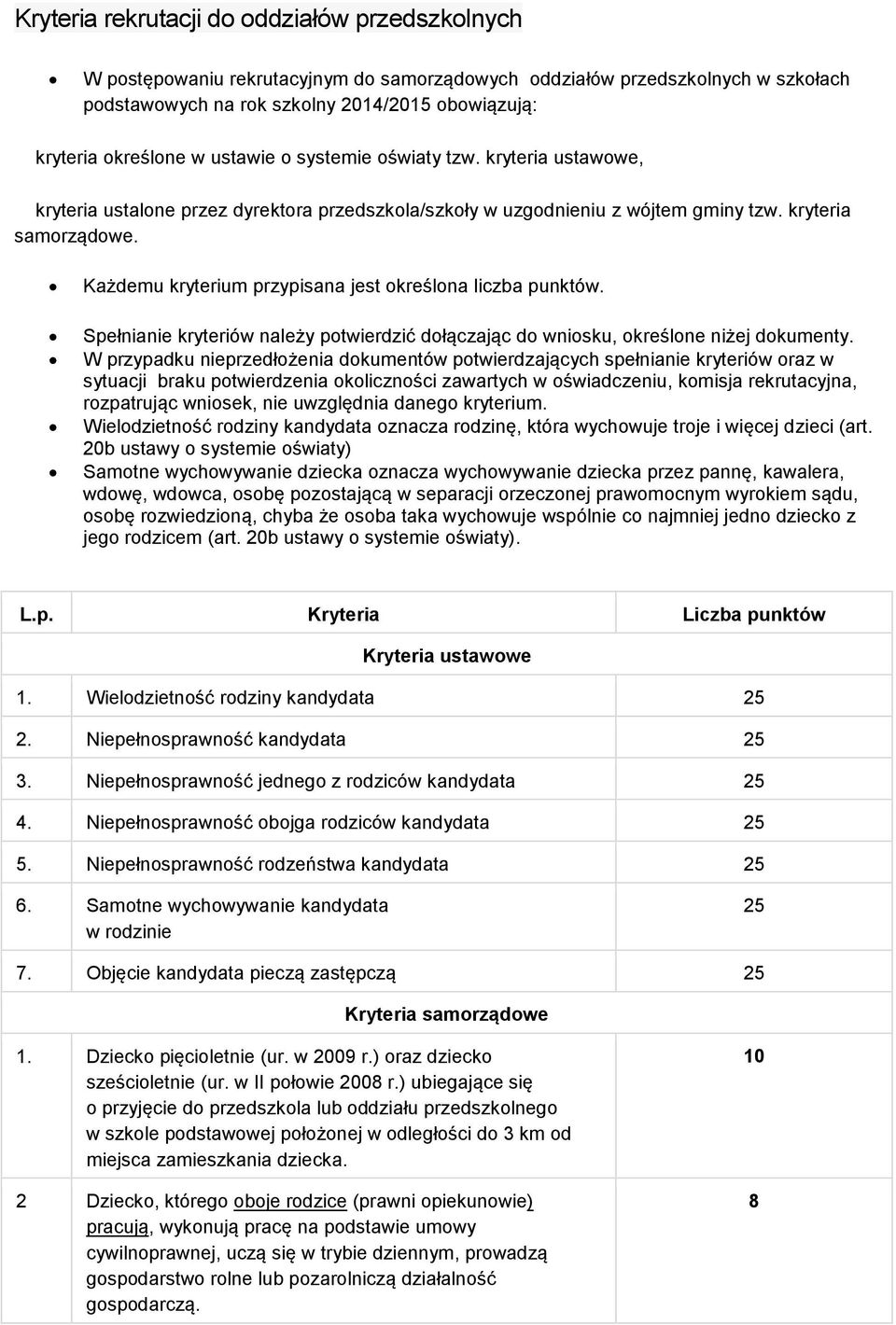 Każdemu kryterium przypisana jest określona liczba punktów. Spełnianie kryteriów należy potwierdzić dołączając do wniosku, określone niżej dokumenty.