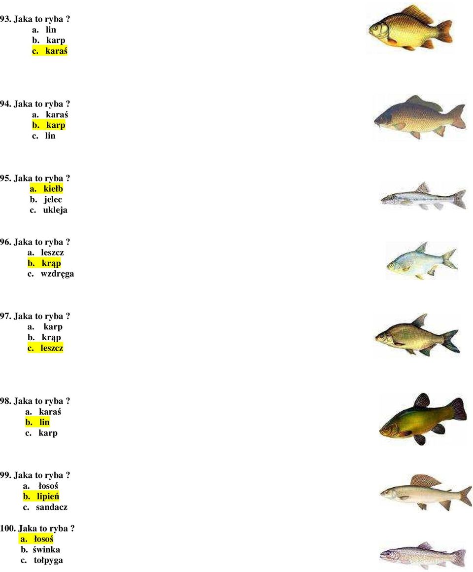 wzdręga 97. Jaka to ryba? a. karp b. krąp c. leszcz 98. Jaka to ryba? a. karaś b. lin c.