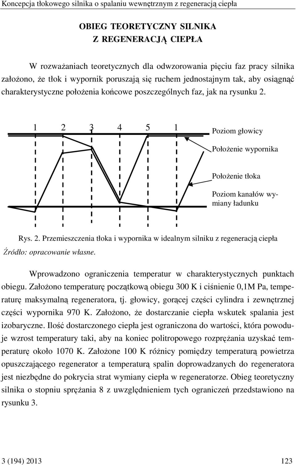 1 2 3 4 5 1 Poziom głowicy Położenie wypornika Położenie tłoka Poziom kanałów wymiany ładunku Rys. 2. Przemieszczenia tłoka i wypornika w idealnym silniku z regeneracją ciepła Wprowadzono ograniczenia temperatur w charakterystycznych punktach obiegu.