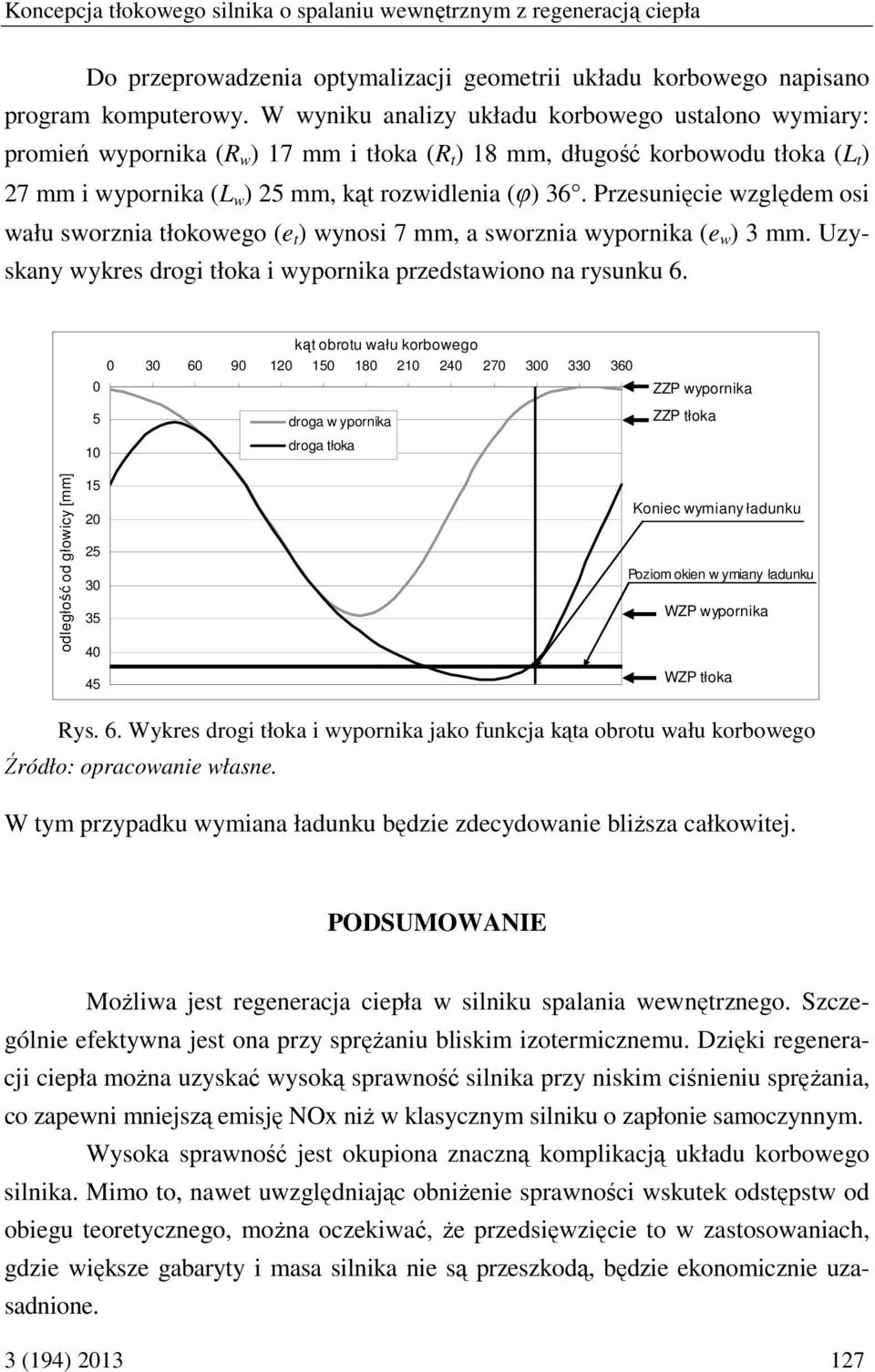 Przesunięcie względem osi wału sworznia tłokowego (e t ) wynosi 7 mm, a sworznia wypornika (e w ) 3 mm. Uzyskany wykres drogi tłoka i wypornika przedstawiono na rysunku 6.