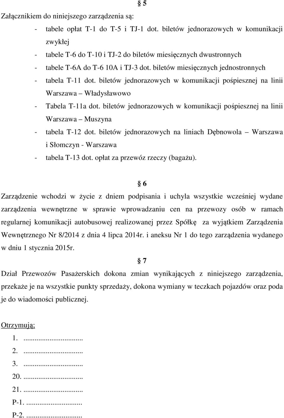 biletów jednorazowych w komunikacji pośpiesznej na linii Warszawa Władysławowo - Tabela T-11a dot. biletów jednorazowych w komunikacji pośpiesznej na linii Warszawa Muszyna - tabela T-12 dot.