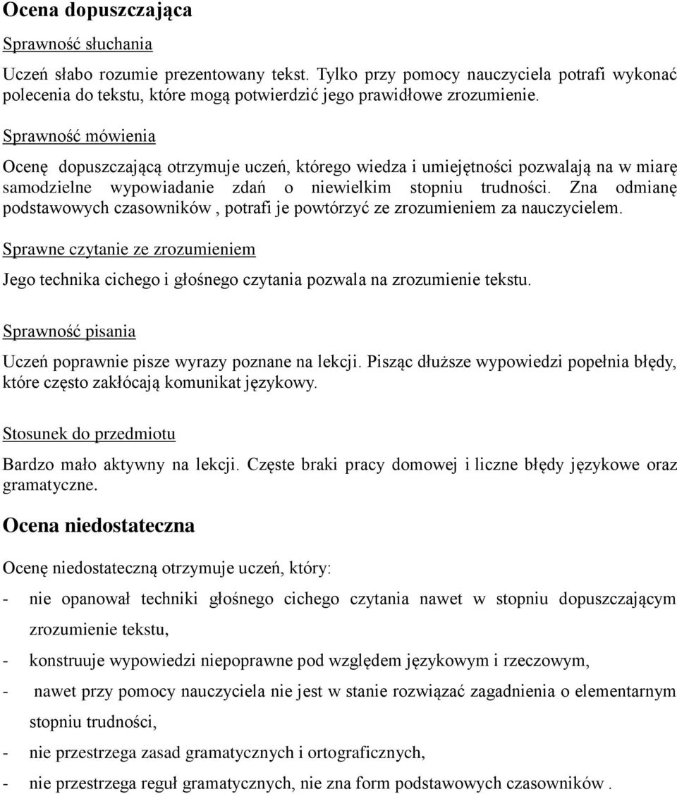 Zna odmianę podstawowych czasowników, potrafi je powtórzyć ze zrozumieniem za nauczycielem. Jego technika cichego i głośnego czytania pozwala na zrozumienie tekstu.