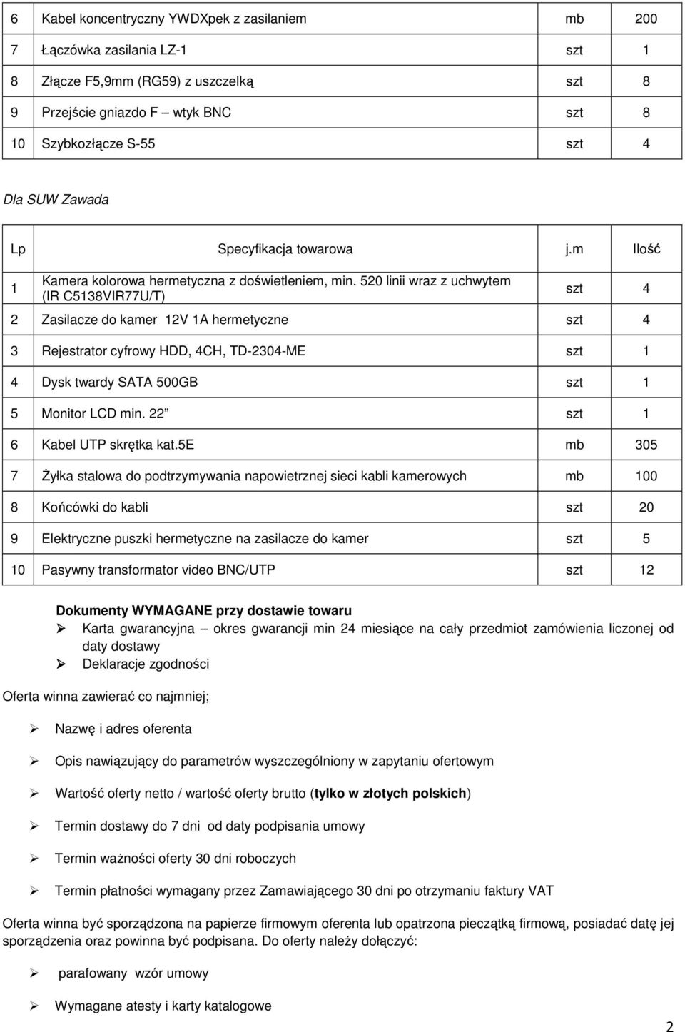 520 linii wraz z uchwytem (IR C5138VIR77U/T) szt 4 2 Zasilacze do kamer 12V 1A hermetyczne szt 4 3 Rejestrator cyfrowy HDD, 4CH, TD-2304-ME szt 1 4 Dysk twardy SATA 500GB szt 1 7 śyłka stalowa do