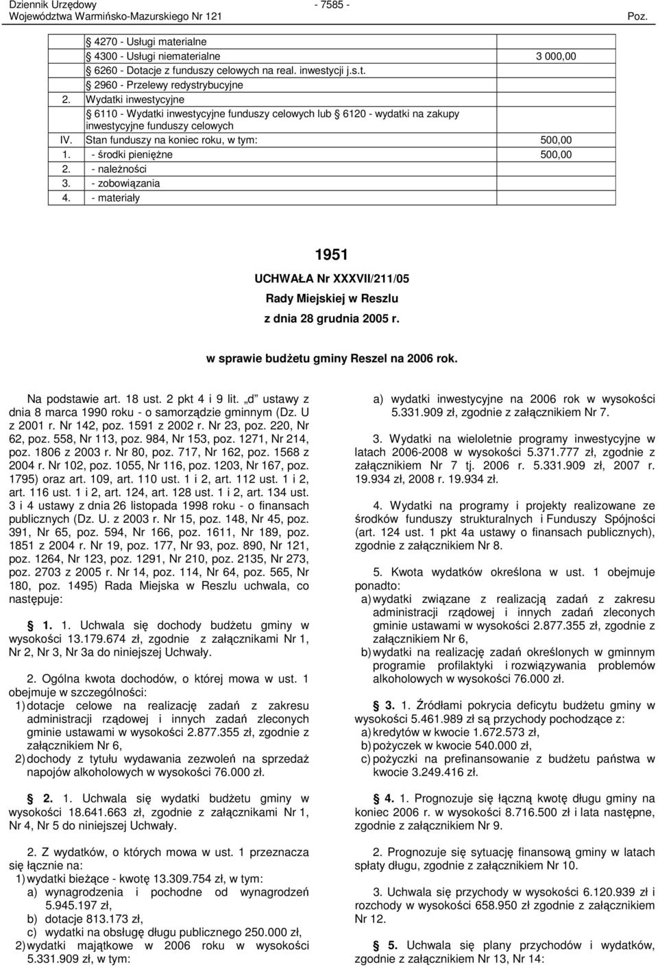 - naleŝności 3. - zobowiązania 4. - materiały 1951 UCHWAŁA Nr XXXVII/211/05 Rady Miejskiej w Reszlu z dnia 28 grudnia 2005 r. w sprawie budŝetu gminy Reszel na 2006 rok. Na podstawie art. 18 ust.