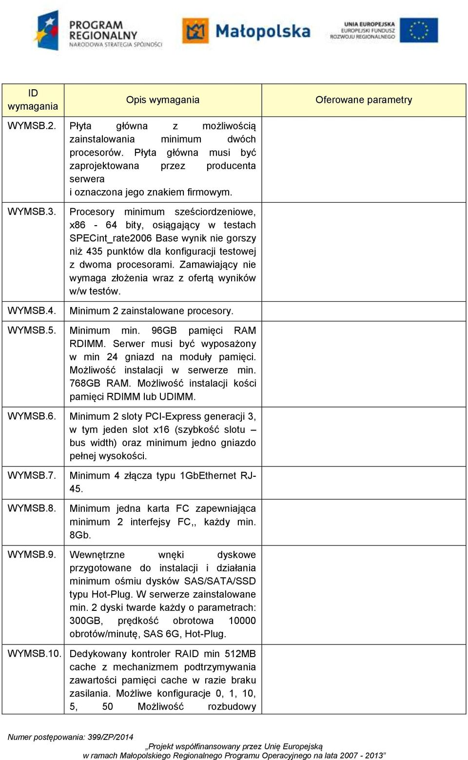 Zamawiający nie wymaga złożenia wraz z ofertą wyników w/w testów. Minimum 2 zainstalowane procesory. WYMSB.5. Minimum min. 96GB pamięci RAM RDIMM.