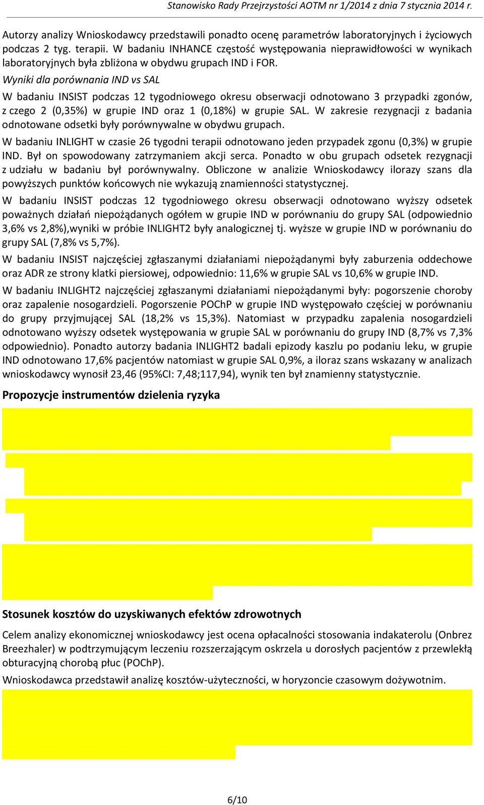 Wyniki dla porównania IND vs SAL W badaniu INSIST podczas 12 tygodniowego okresu obserwacji odnotowano 3 przypadki zgonów, z czego 2 (0,35%) w grupie IND oraz 1 (0,18%) w grupie SAL.