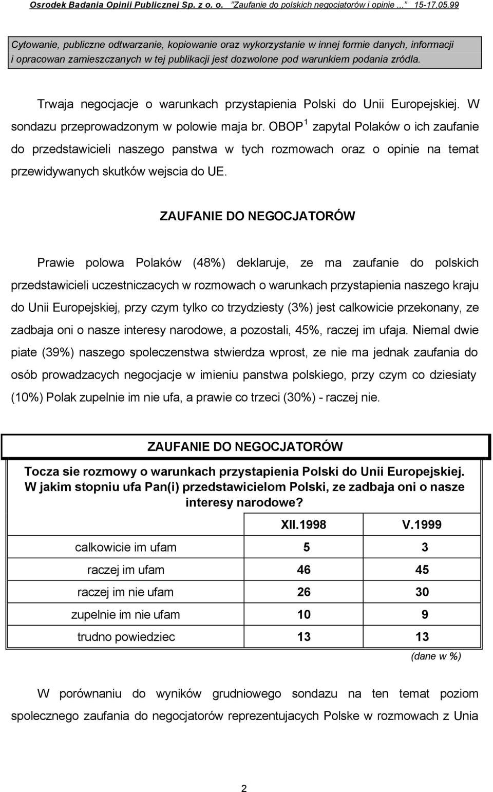 Trwaja negocjacje o warunkach przystapienia Polski do Unii Europejskiej. W sondazu przeprowadzonym w polowie maja br.