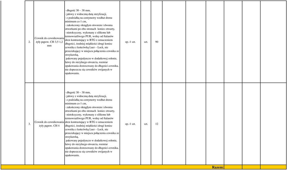 nietoksyczny, wykonany z silikonu lub termowrażliwego PUR, wolny od ftalanów dren kontrastujący w RTG z oznaczeniem długości, średniej miękkości drugi koniec cewnika z końcówką Luer Lock, nie