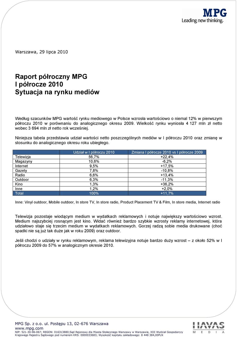 Niniejsza tabela przedstawia udział wartości netto poszczególnych mediów w I półroczu 2010 oraz zmianę w stosunku do analogicznego okresu roku ubiegłego.