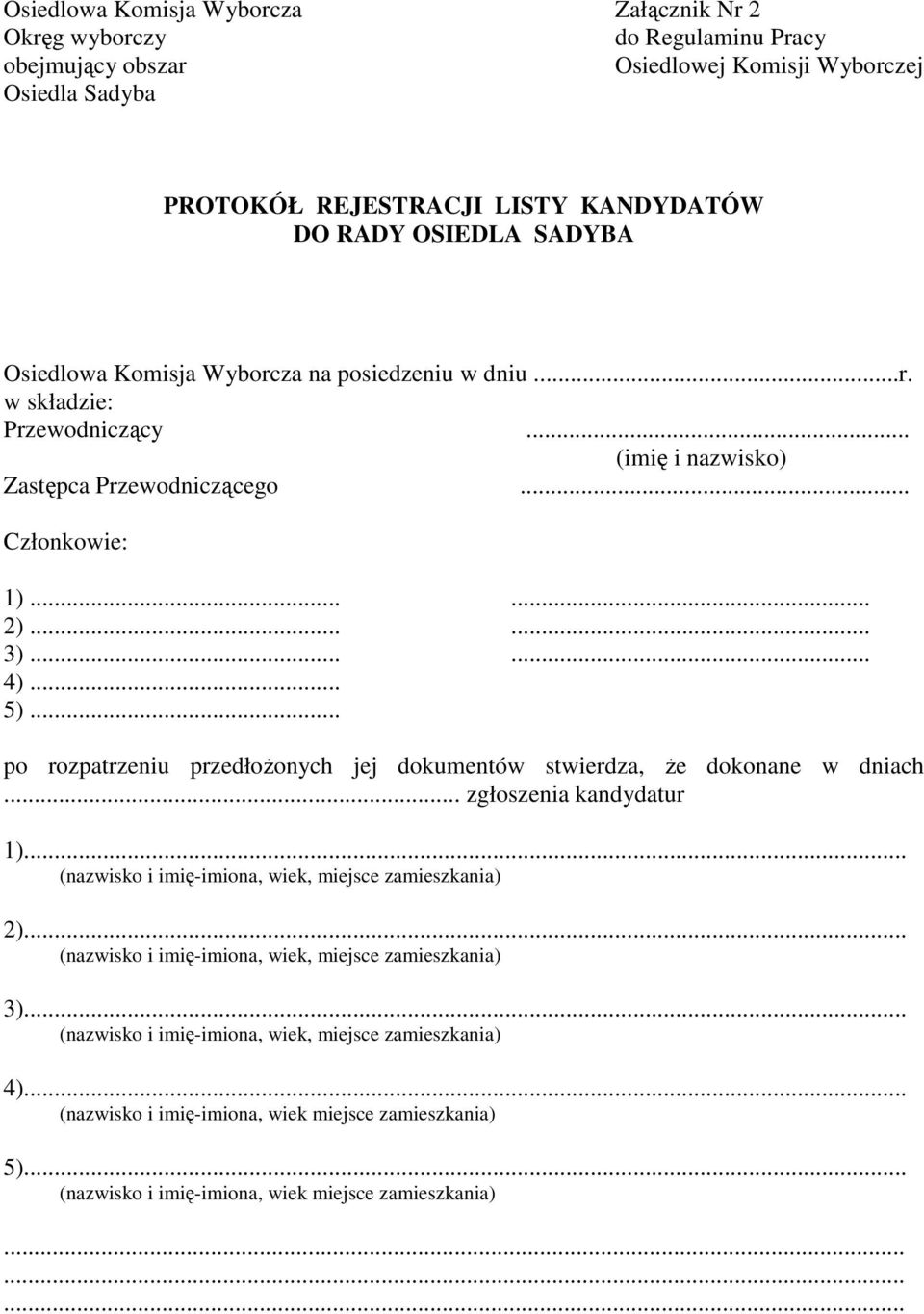 .. po rozpatrzeniu przedłoŝonych jej dokumentów stwierdza, Ŝe dokonane w dniach... zgłoszenia kandydatur 1)... (nazwisko i imię-imiona, wiek, miejsce zamieszkania) 2).