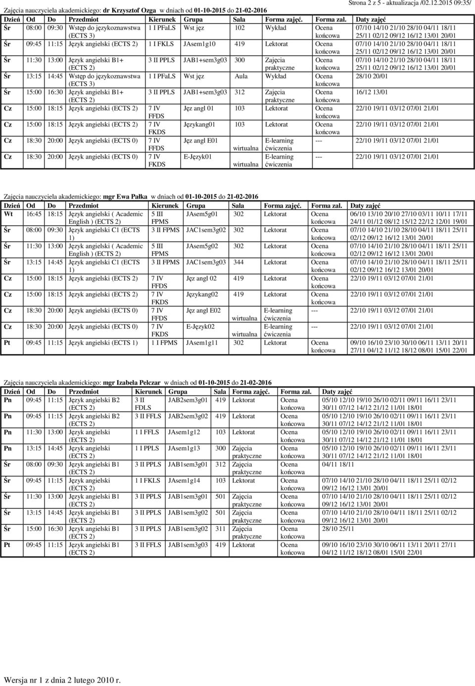 18/11 (ECTS 3) 25/11 02/12 Śr 09:45 11:15 Język angielski FKS JAsem1g10 419 ektorat 07/10 14/10 21/10 28/10 04/11 18/11 25/11 02/12 Śr 11:30 13:00 Język angielski B1+ PPS JAB1+sem3g03 300 Zajęcia