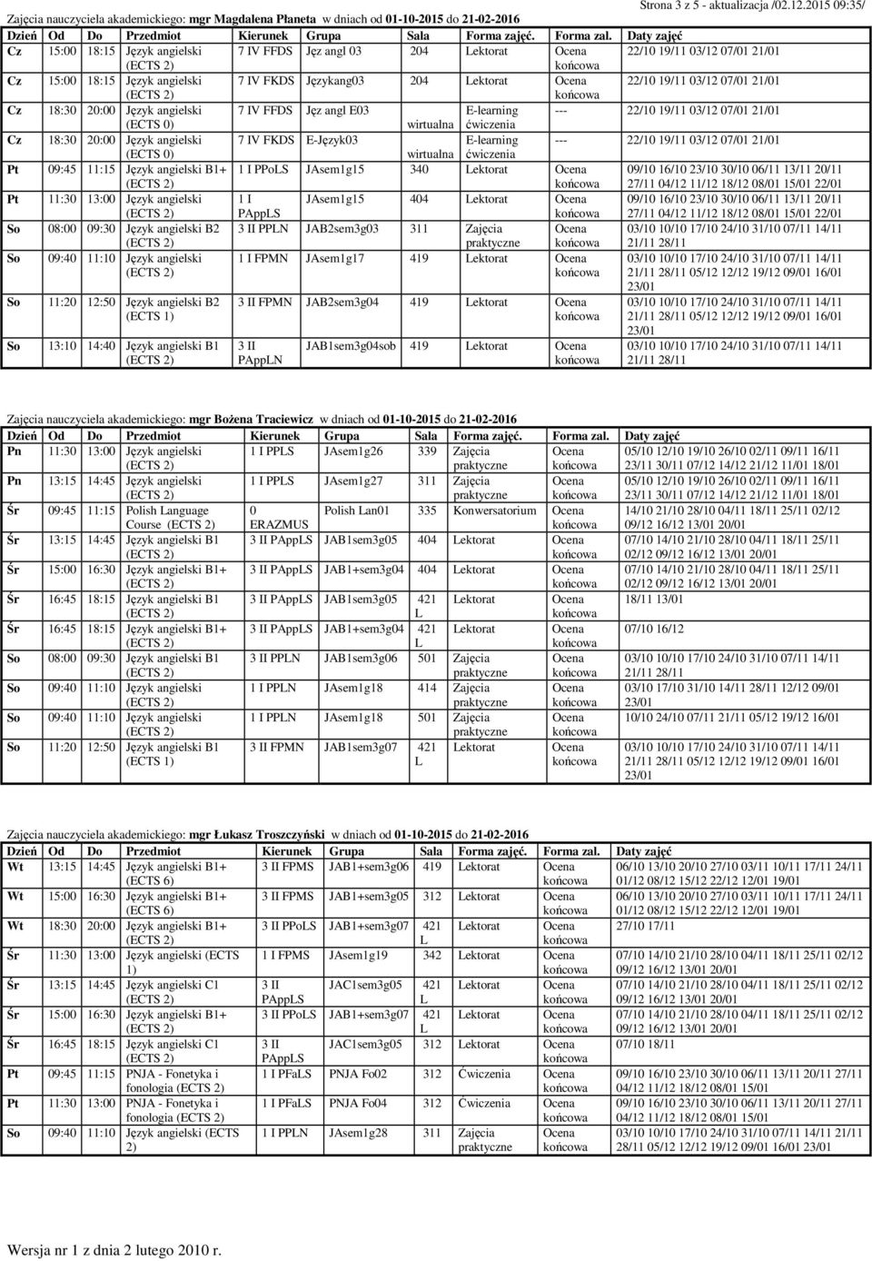 15:00 18:15 Język angielski 7 IV Językang03 204 ektorat 22/10 19/11 03/12 07/01 21/01 Cz 18:30 20:00 Język angielski 7 IV Jęz angl E03 (ECTS 0) Cz 18:30 20:00 Język angielski 7 IV E-Język03 (ECTS 0)