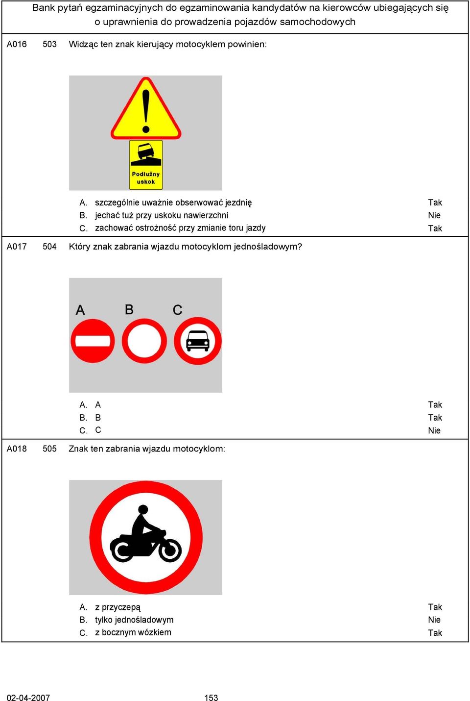 zachować ostrożność przy zmianie toru jazdy A017 504 Który znak zabrania wjazdu motocyklom